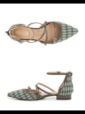 Kelly & Katie Olive Green Houndstooth Pointed Toe Ankle Strap Flats